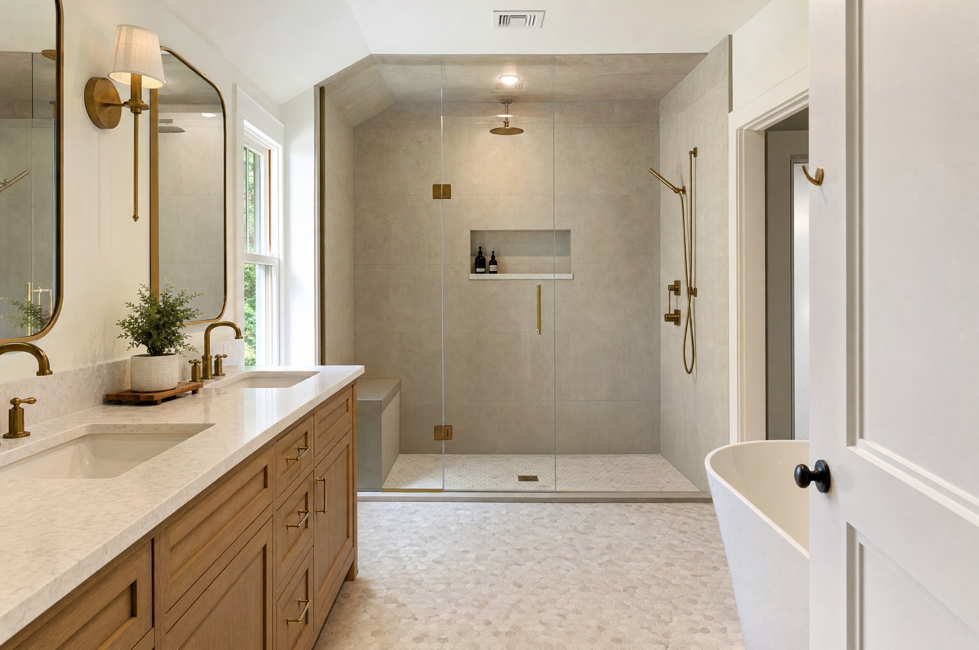 Renovated master bathroom with floor-to-ceiling porcelain tile