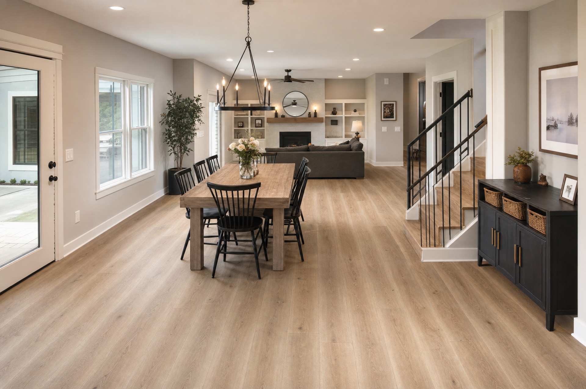 Open-plan living area with new wide-plank luxury vinyl flooring