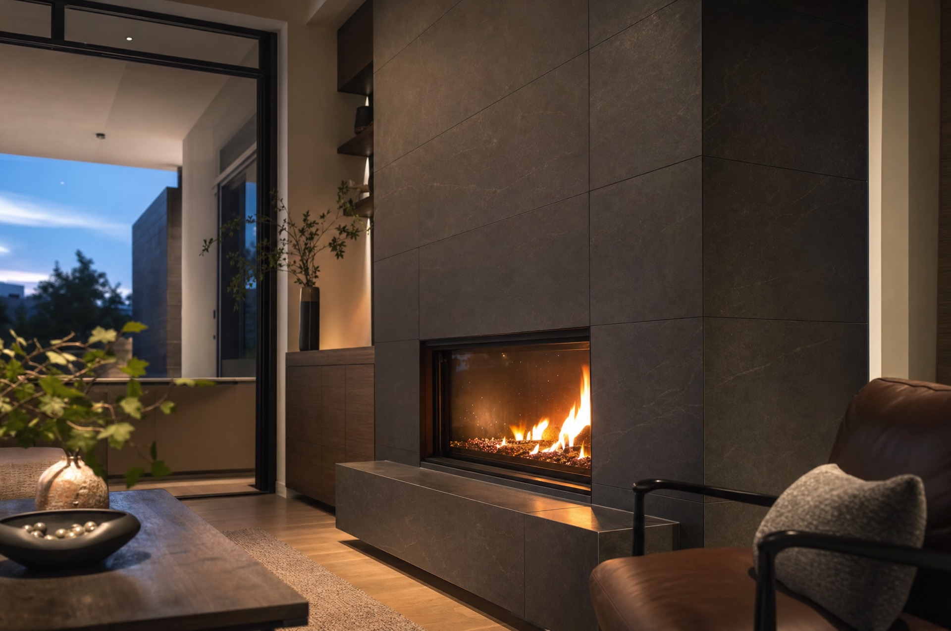 Floor-to-ceiling charcoal porcelain tile fireplace