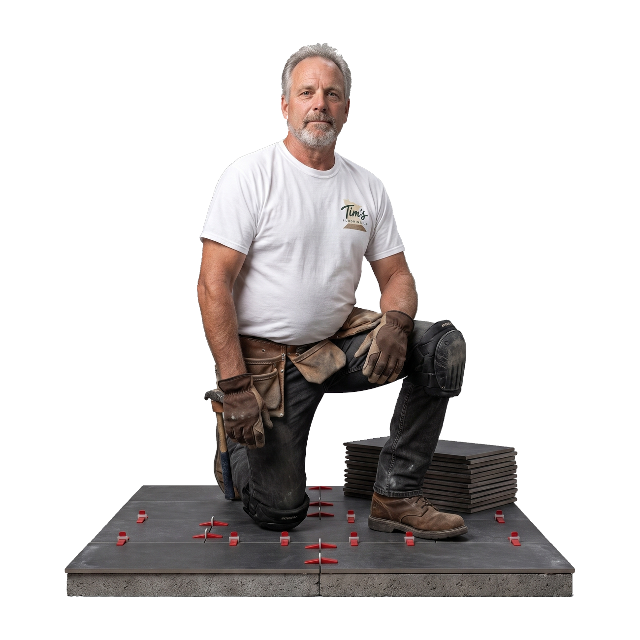 Tim kneeling, setting porcelain tile on the floor section he is tiling